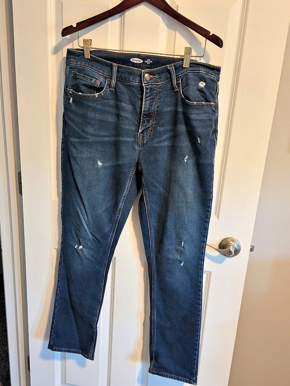 Old Navy Slim Built-In Tough 24/7 Jeans Distressed Slim Jeans in Blue Waist
